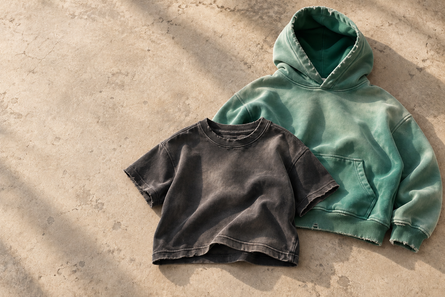Concept image of the distressed Everyday Hoodie in Patina and Studio Tee in Carbon on warm stone