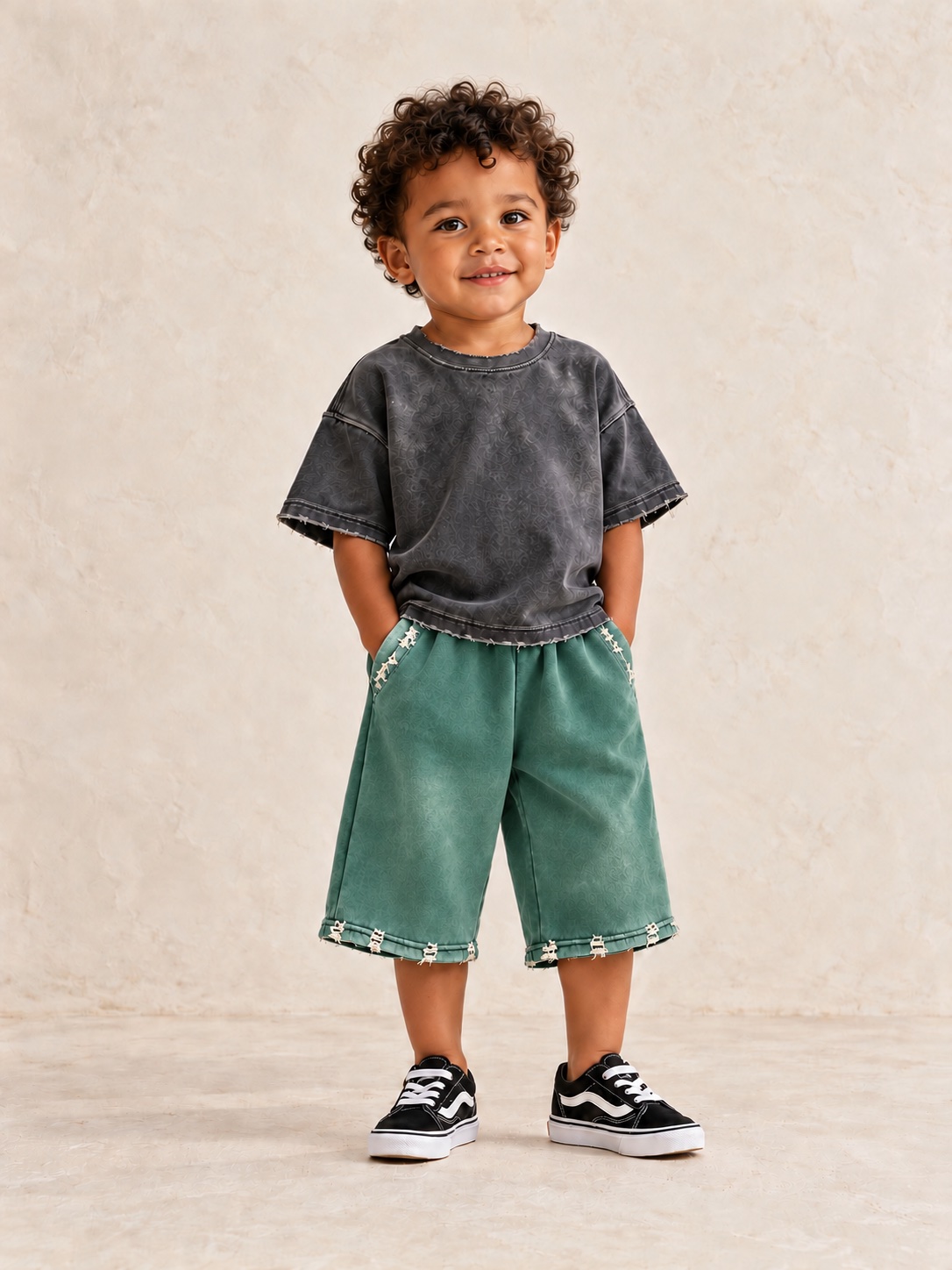 AI model wearing the Carbon Tee with Patina 3/4 Shorts