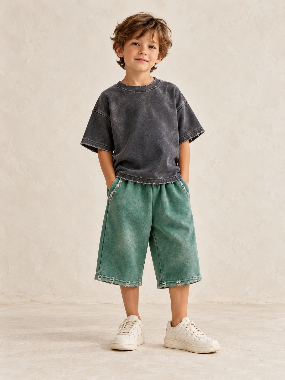 AI model wearing the Carbon Studio Tee with Patina shorts