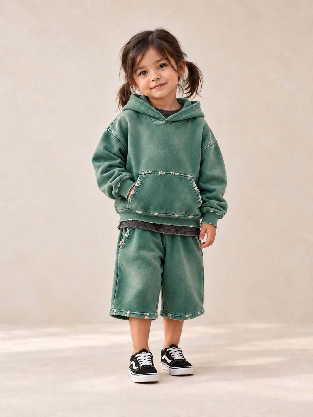 AI styling concept of the JLN hoodie, tee and 3/4 shorts worn together
